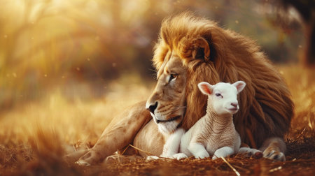 Christian faith: lion and lamb together, outdoors setting, Lamb of God symbolism.の素材
