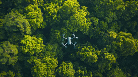 Closeup shot of a drone navigating above green trees in a summer landscape, embodying nature's essence from aboveの素材
