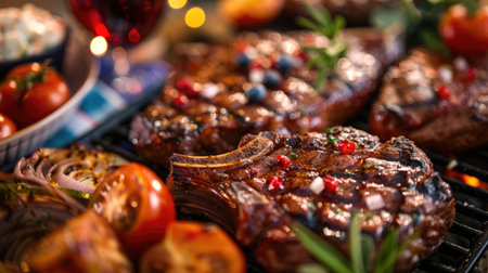 Grilled steaks and barbecue platters served outdoors with red, white, and blue decorations, ideal for Independence Day gatheringsの素材