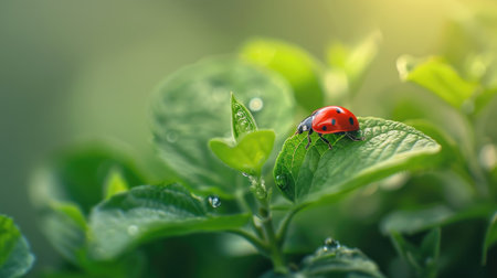 Ladybug perched on a green leaf in nature, showcasing the delicate balance of wildlife and macro photography.の素材