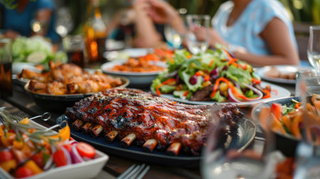 Summer cookout featuring sizzling BBQ ribs, chicken skewers, and colorful salads, perfect for a Fourth of July feastの素材