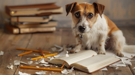 Playful photo of a dog sitting next to a mangled notebook and scattered pencils, humorously implying the aftermath of a homework-related escapadeの素材