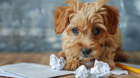 Humorous concept image of a mischievous puppy with a guilty expression, caught in the act of chewing on a student's crumpled homeworkの素材