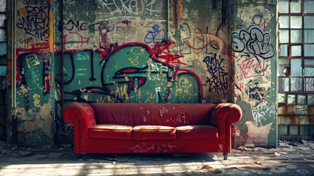 Abandoned building interior featuring a red sofa against a backdrop of graffiti, highlighting forgotten beauty and urban decay.の素材