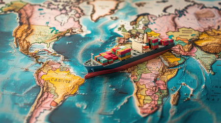 Global trade concept with a container ship model placed on a world map, highlighting international shipping and logisticsの素材