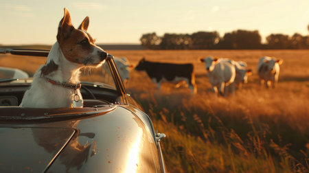 Dog on retro car, cows in field, closeup shot, rural countryside atmosphere.の素材