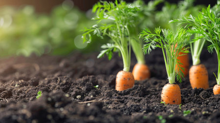 Carrot plants thriving in garden soil, representing organic farming and the beauty of vegetable cultivation.の素材
