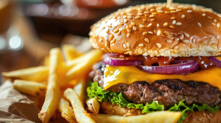 Cheeseburger with fries, closeup shot on table, restaurant style fast food.の素材