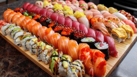 Giant sushi assortment on a wooden board, featuring vibrant colors and diverse textures of seafood and riceの素材