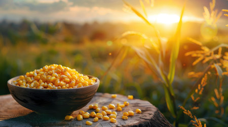 Closeup: corn in bowl on table, natural fields blurred behind, sunset lightの素材