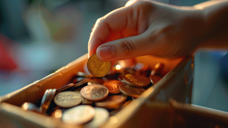 Closeup view of a hand putting a coin in a donation box, capturing the essence of philanthropy and community support.の素材