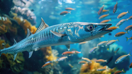Barracuda swimming with small fishの素材