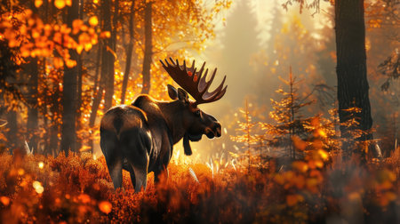 Autumn forest, moose with horns, nature morning setting, orange foliageの素材