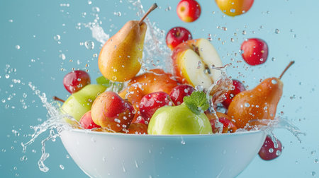 Juicy pears and apples diving into a bowl of colorful mix, showcasing the deliciousness of healthy vegetarian options.の素材