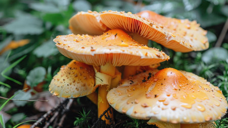 Closeup mushrooms in woods, white and orange caps, healthy organic food.の素材