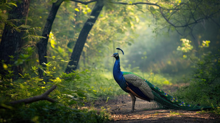 Blue and green peacock in forest, beautiful wildlife photography, natural setting.の素材