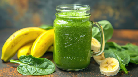 A fresh green smoothie in a mason jar with spinach leaves and bananas on the side, promoting a nutritious drinkの素材