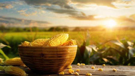 Ripe corn in wooden bowl, table setup, green fields and sunset scenery.の素材