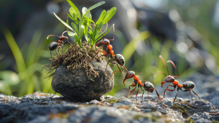 Ants working together to carry foodの素材