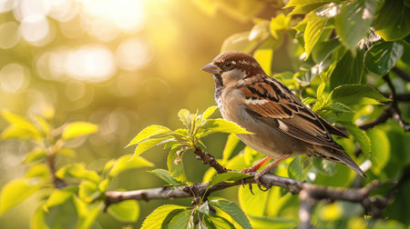 Sparrow sitting on a leafy tree branch during sunny days, embodying the beauty of nature and wildlife photography.の素材
