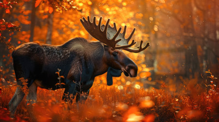 Autumn forest, moose with horns, nature morning setting, orange foliageの素材