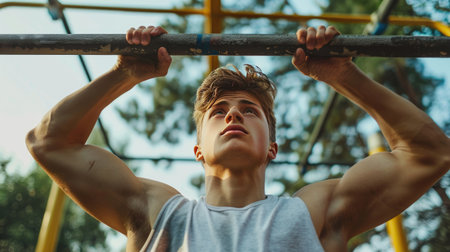 A young man doing pull-ups on a bar in an outdoor gym, representing strength training and fitnessの素材