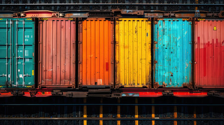 Colorful freight train containers lined up on the railway, emphasizing the importance of product transportation and logisticsの素材