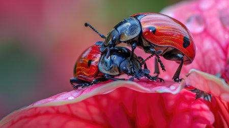 Beetles mating on a flower petalの素材