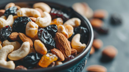 A close-up of a bowl of mixed nuts and dried fruit, emphasizing healthy snacking optionsの素材