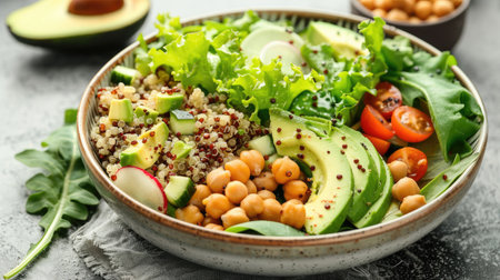 A fresh green salad with quinoa, chickpeas, and avocado in a bowl, highlighting a balanced and nutritious mealの素材