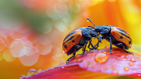 Beetles mating on a flower petalの素材