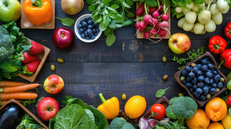 Top view of a vibrant assortment of fruits and vegetables beautifully arranged on wooden boards, highlighting healthy organic nutrition.の素材