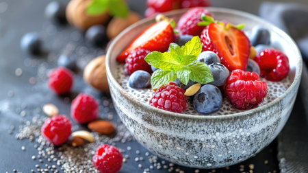 A close-up of a bowl of chia pudding with fresh berries and nuts, highlighting a healthy dessertの素材