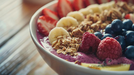A close-up of a smoothie bowl with acai, granola, and fresh fruit, highlighting a nutritious breakfastの素材