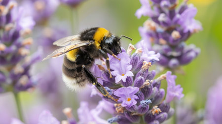 Bumblebee pollinating a blooming lavender plant in a gardenの素材