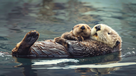 Sea otter floating with a baby on its bellyの素材