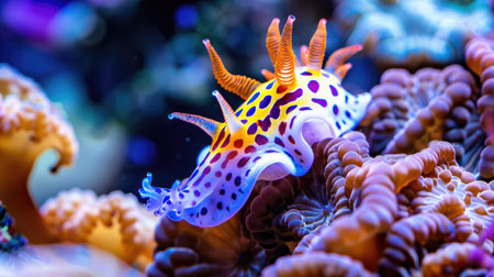 Close-up of a colorful nudibranch on a coralの素材