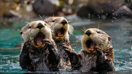 Group of sea otters playing in waterの素材