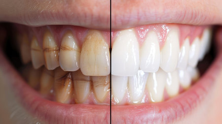 Before and after teeth whitening split image; stained yellow teeth on the left, white teeth on the rightの素材
