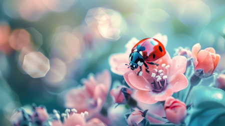 Ladybug exploring a blooming flower in a gardenの素材