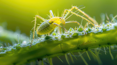 Macro shot of a tiny aphid on a green stemの素材