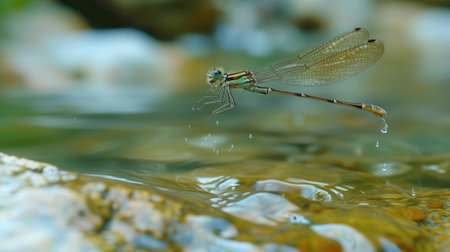 Damselfly hovering over a clear mountain streamの素材