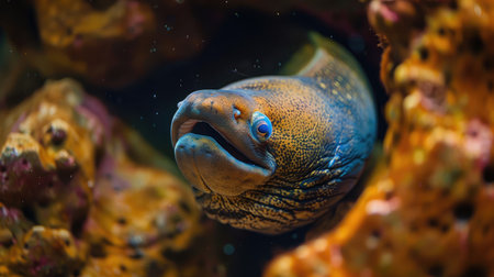 Close-up of a moray eel in rocksの素材
