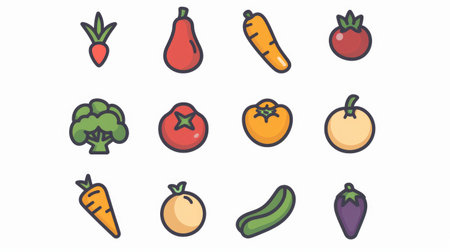 Modern and sleek set of 9 vegetable icons, arranged symmetrically on white backgroundの素材