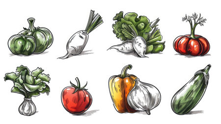 Modern and stylized set of 9 vegetable sketch icons, arranged symmetrically on white backgroundの素材