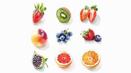 Modern and stylized set of 9 fruit painting icons, arranged symmetrically on white backgroundの素材