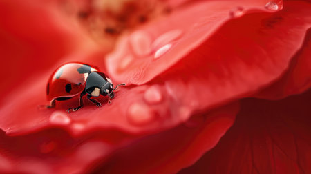 Ladybug on a red rose petalの素材