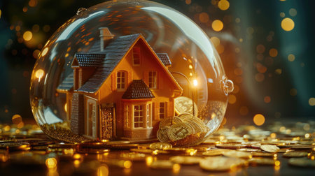 Miniature house and gold coins under AI protective shield imageの素材
