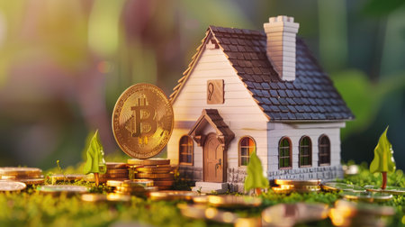 Miniature house and gold coins with AI protective shield image, home insurance conceptの素材