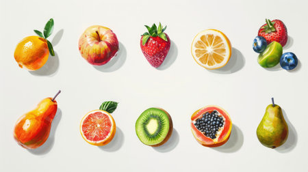 Set of 9 stylized, modern fruit painting icons arranged symmetrically on white backgroundの素材